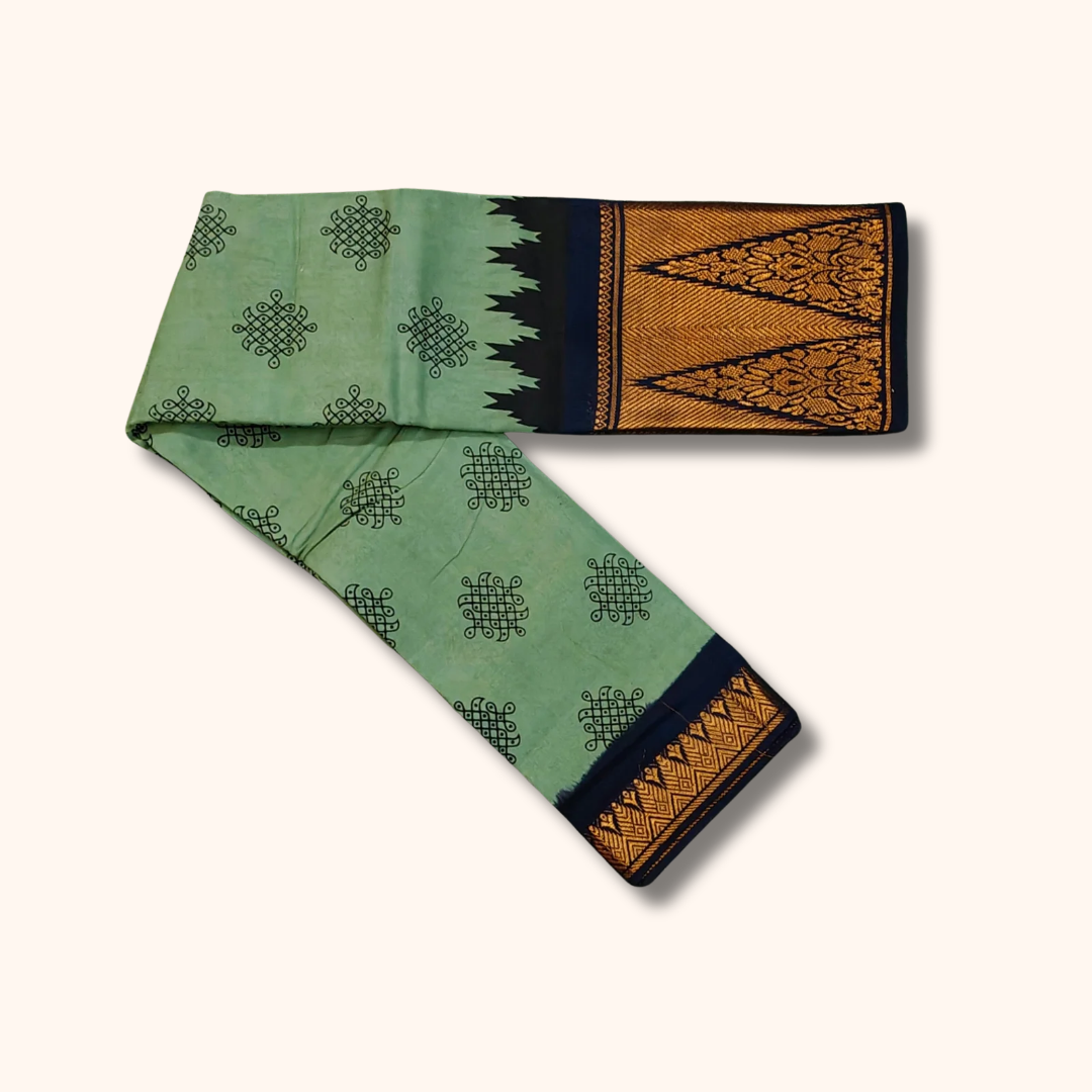 Mint Green Kolam Sungudi Cotton Saree with Black Floral Temple Border