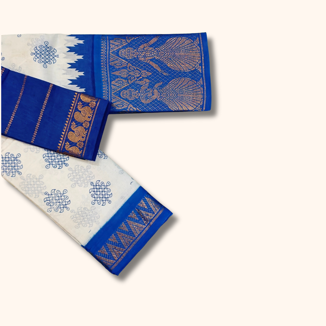 White & Royal Blue Kolam Temple Border Sungudi Cotton Saree with Separate Blouse