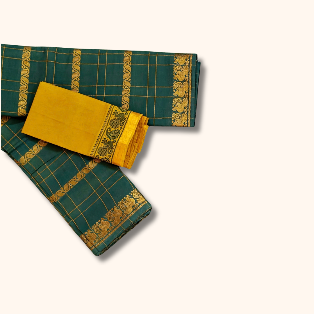 Bottle Green Checked Cotton Saree with Gold Zari & Mustard Yellow Blouse