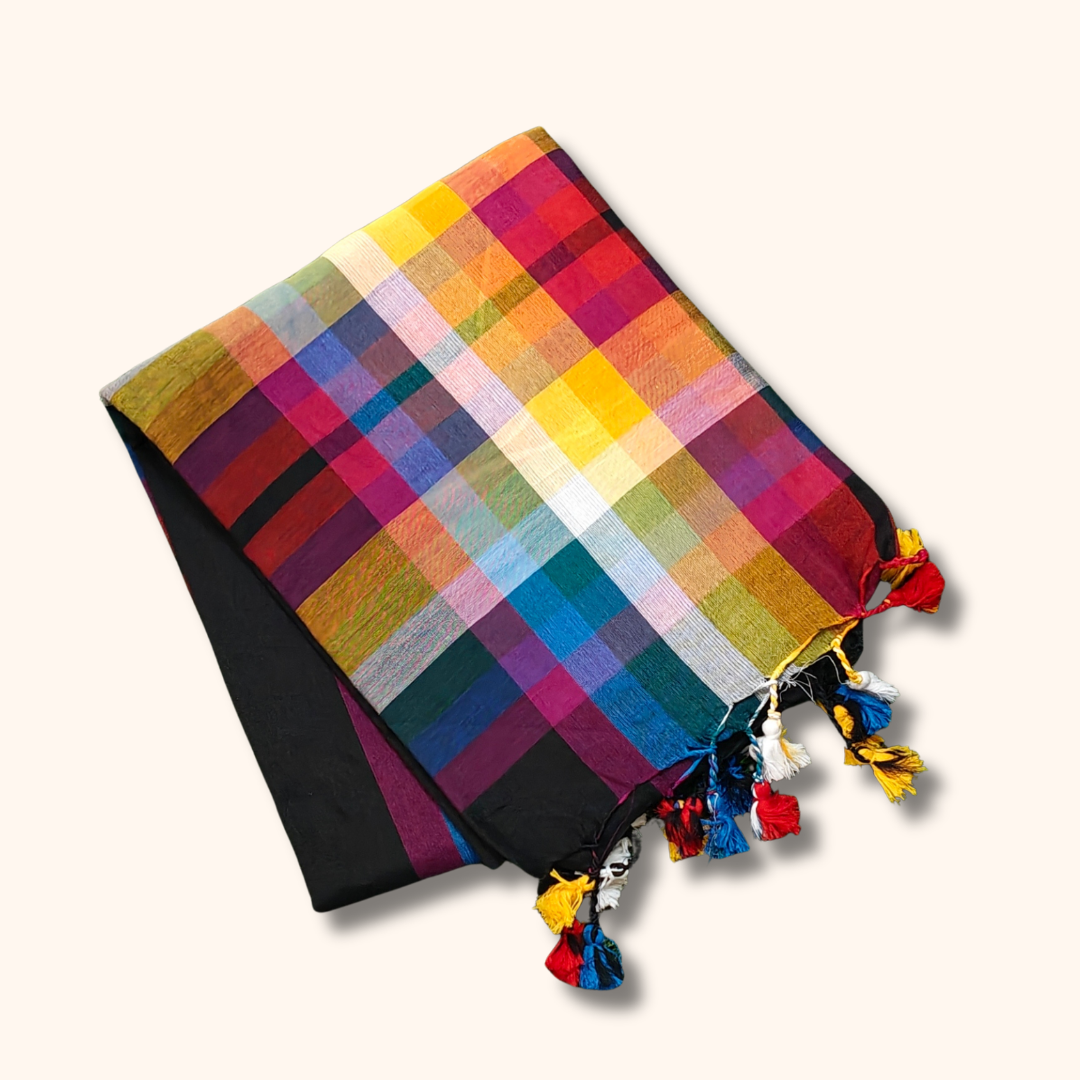 Multicolor Checks Mulmul Cotton Saree with Running Blouse & Tassels