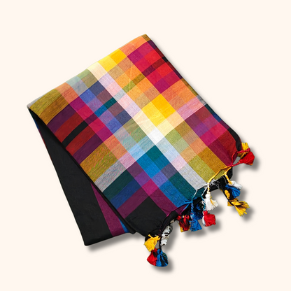 Multicolor Checks Mulmul Cotton Saree with Running Blouse & Tassels