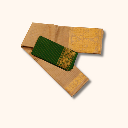 Beige Sungudi Cotton Saree with Gold Zari Peacock Border & Bottle Green Blouse