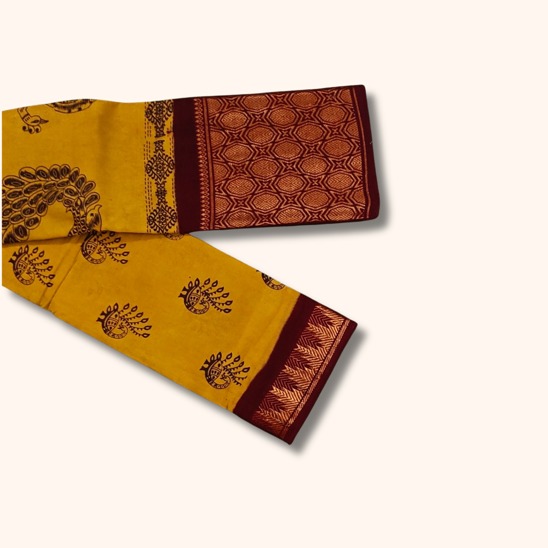 Mustard Yellow Sungudi Cotton Saree with Maroon Peacock Zari Border