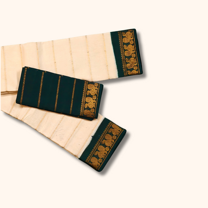 Cream Pure Sungudi Cotton Saree with Dark Green Gold Zari Border
