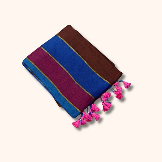 Mulmul Cotton Saree in Royal Blue, Magenta & Coffee Brown Stripes with Tassel Pallu