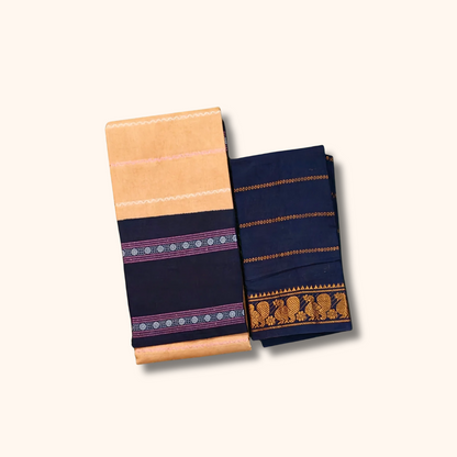 Peach & Navy Sungudi Cotton Saree with Traditional Border