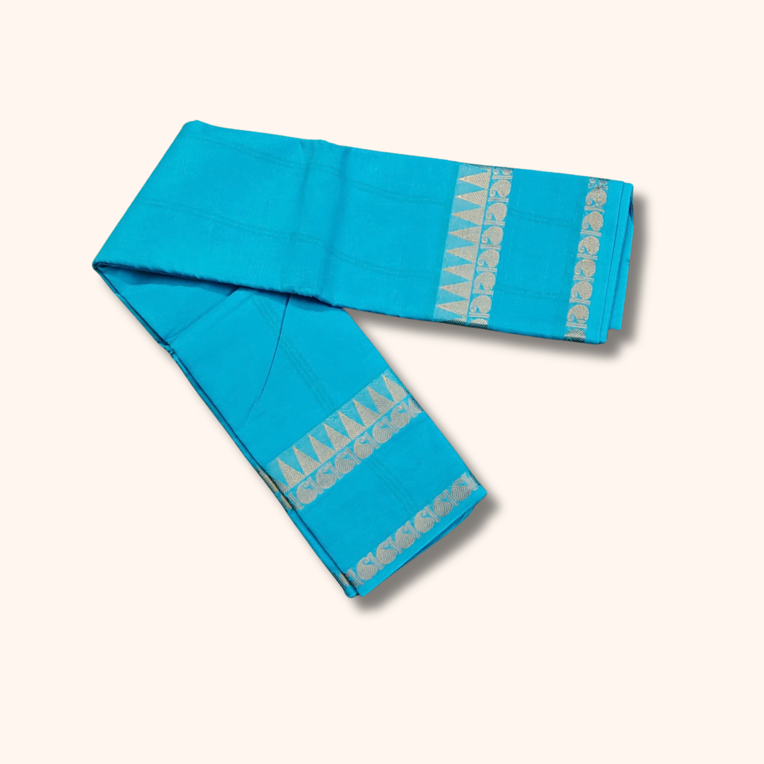 Turquoise Blue Pure Cotton Saree with Silver Zari Border – Running Blouse