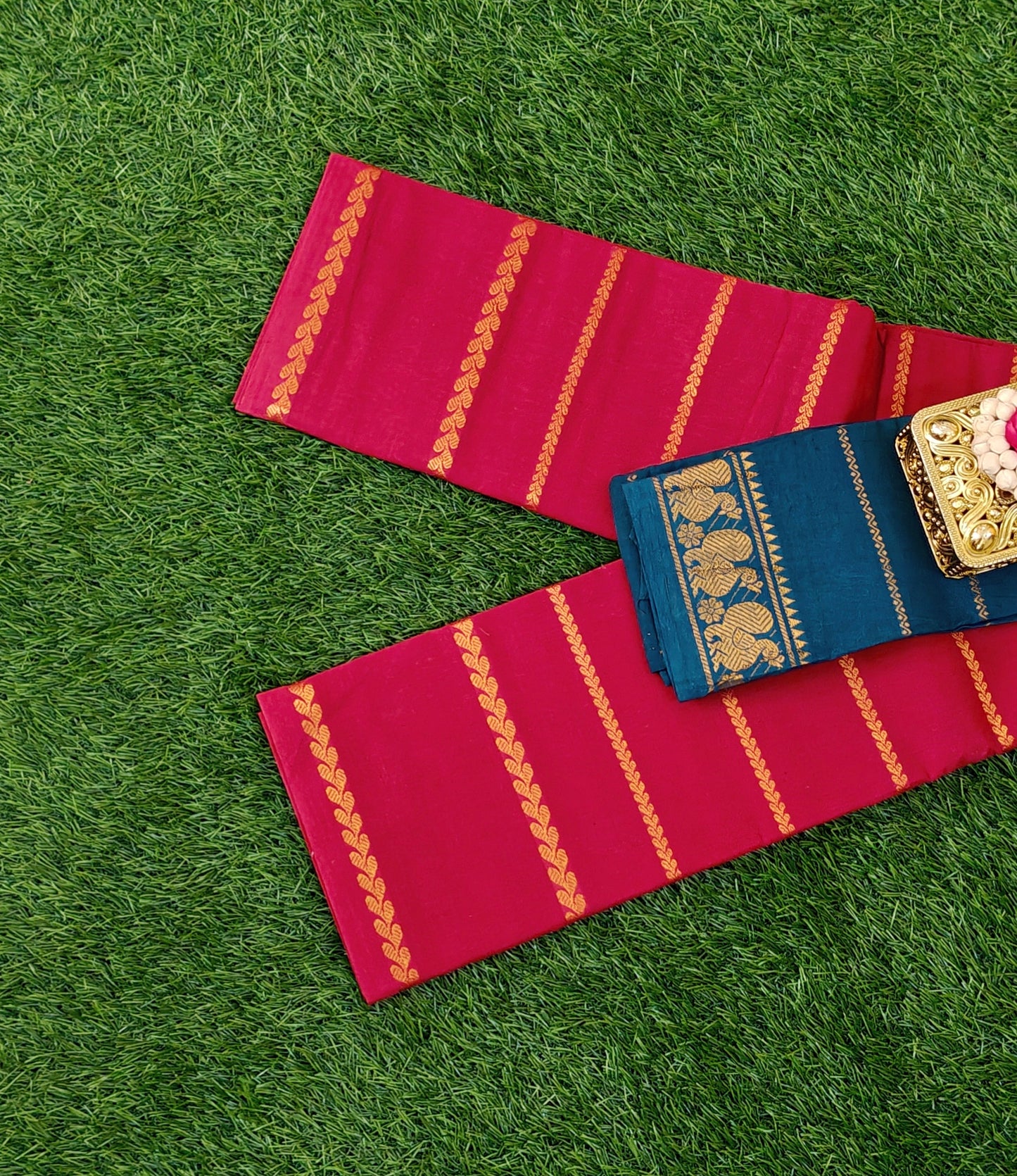 Classic Red Cotton Saree with Zari Stripes & Contrast Teal Blue Blouse