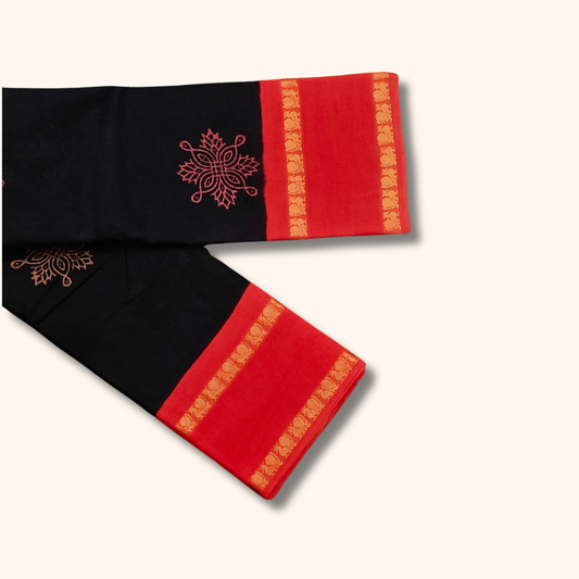 Black  Cotton Saree with Red Border and Traditional Motifs – Running Blouse