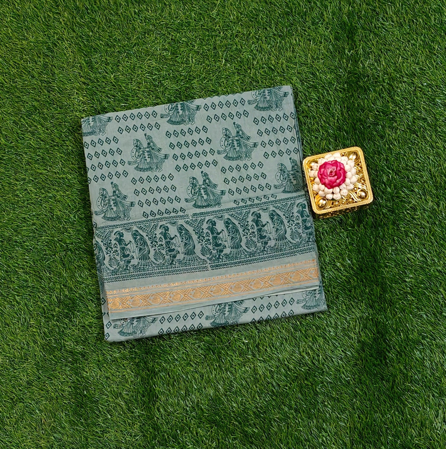 Authentic Grey Printed Cotton Saree with Traditional Art Border