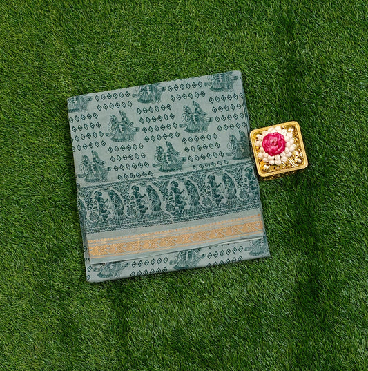 Authentic Grey Printed Cotton Saree with Traditional Art Border