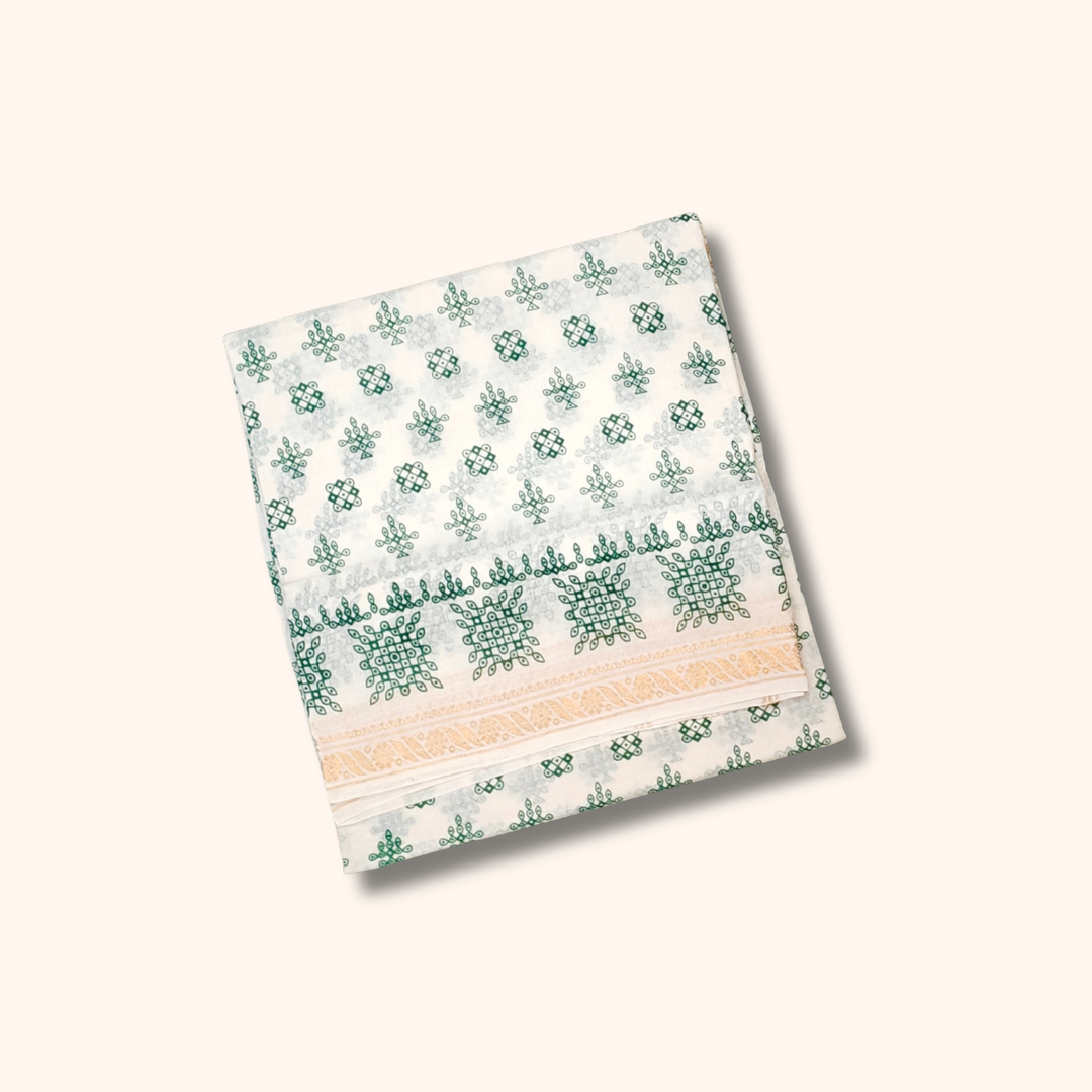 White & Green Printed Cotton Saree with Traditional Motif Design