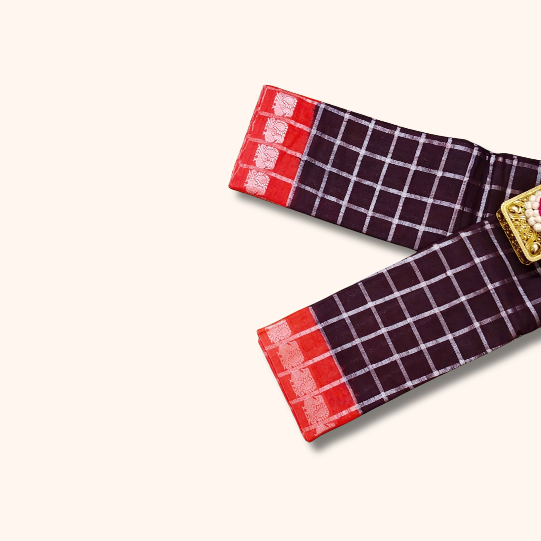 Dark Chocolate Brown Pavithra Kattam Cotton Saree with Silver Checks & Red Contrast Border