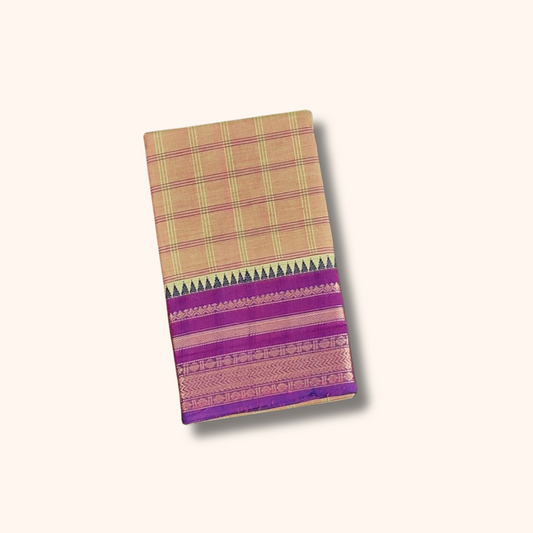 Beige Checked Chettinad Cotton Saree with Purple Zari Border
