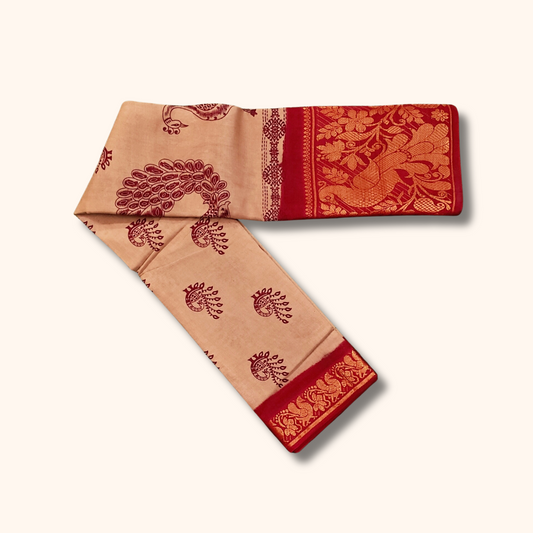 Beige Cotton Saree with Peacock Motifs & Rich Red Peacock Border