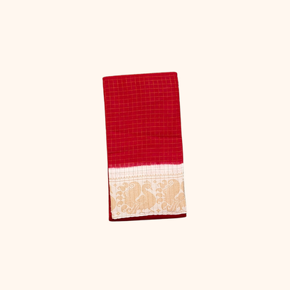 Red Sungudi Cotton Saree with Cream Gold Zari Border – Running Blouse