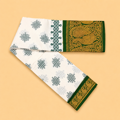 Beautiful Kolam White Printed Cotton Saree with Bottle Green Peacock Border