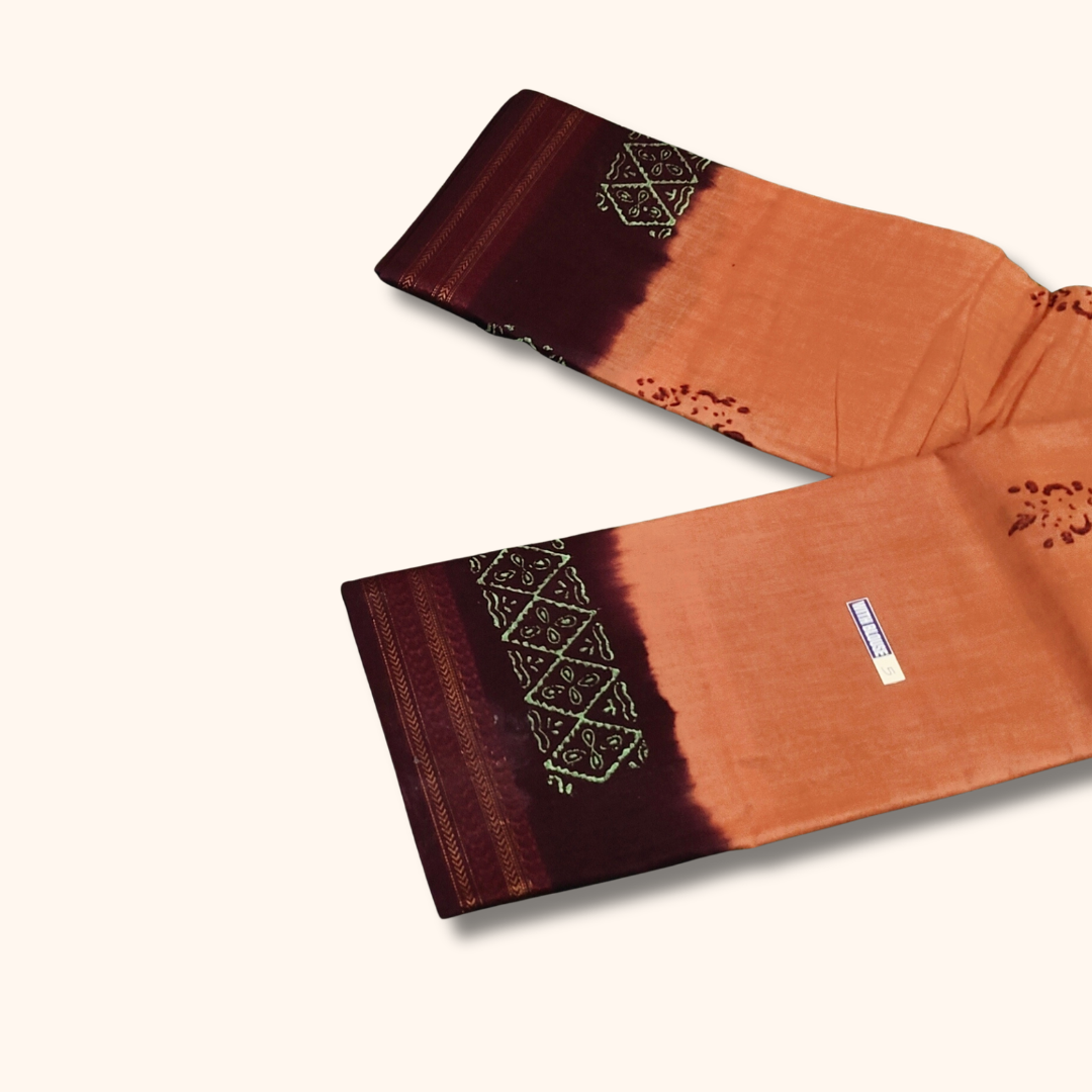 Peach Orange Sungudi Cotton Saree with Maroon Contrast Border