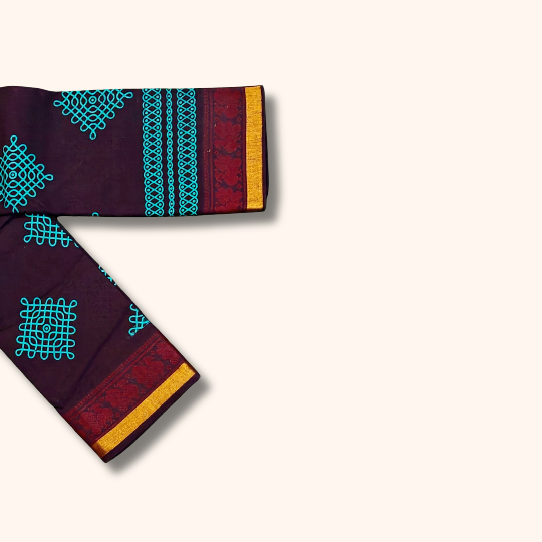 Deep Maroon Sungudi Cotton Saree with Teal Kolam Design & Zari Border