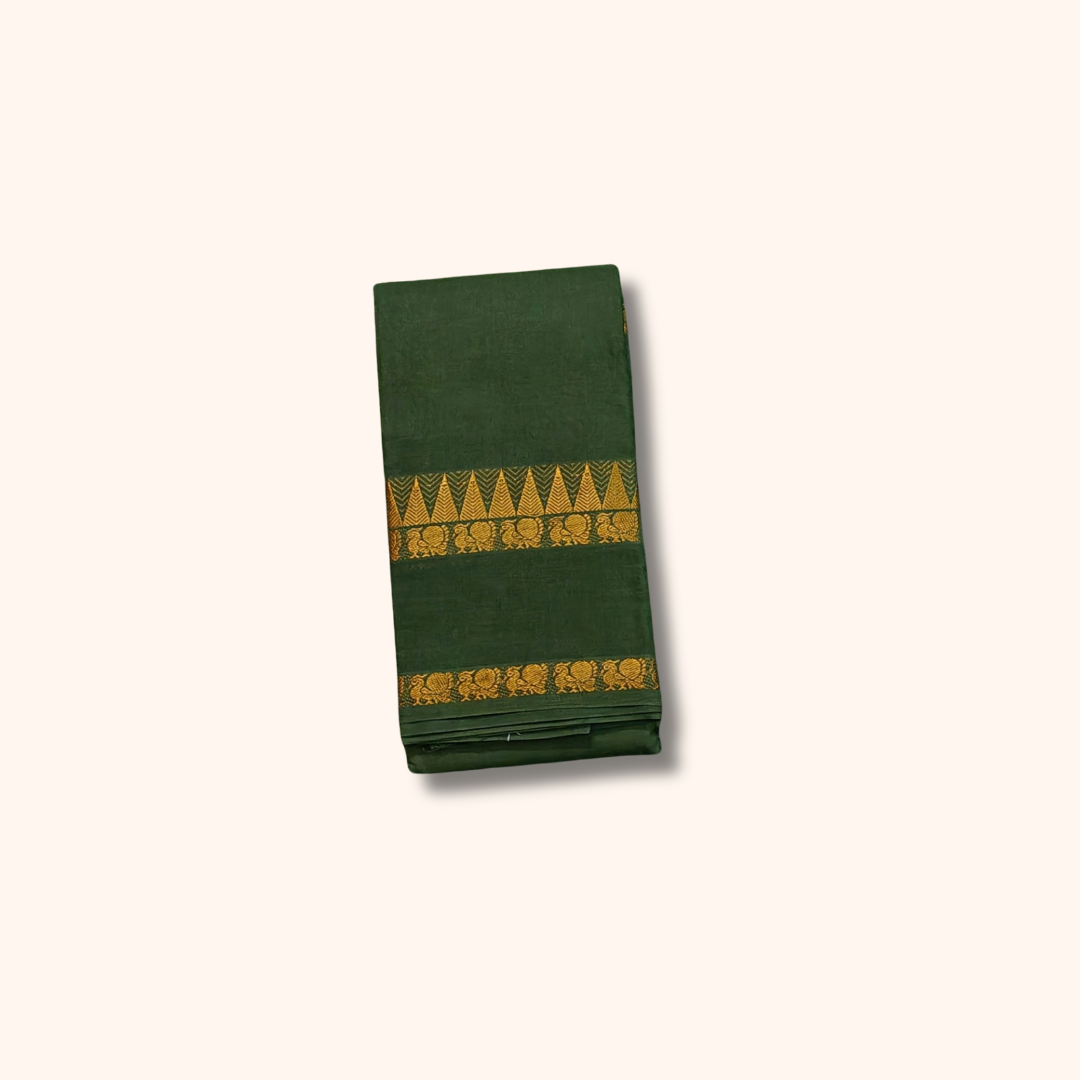 Dark Green Cotton Saree with Gold Zari Stripes & Traditional Border – Running Blouse Included