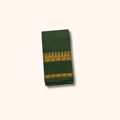 Dark Green Cotton Saree with Gold Zari Stripes & Traditional Border – Running Blouse Included