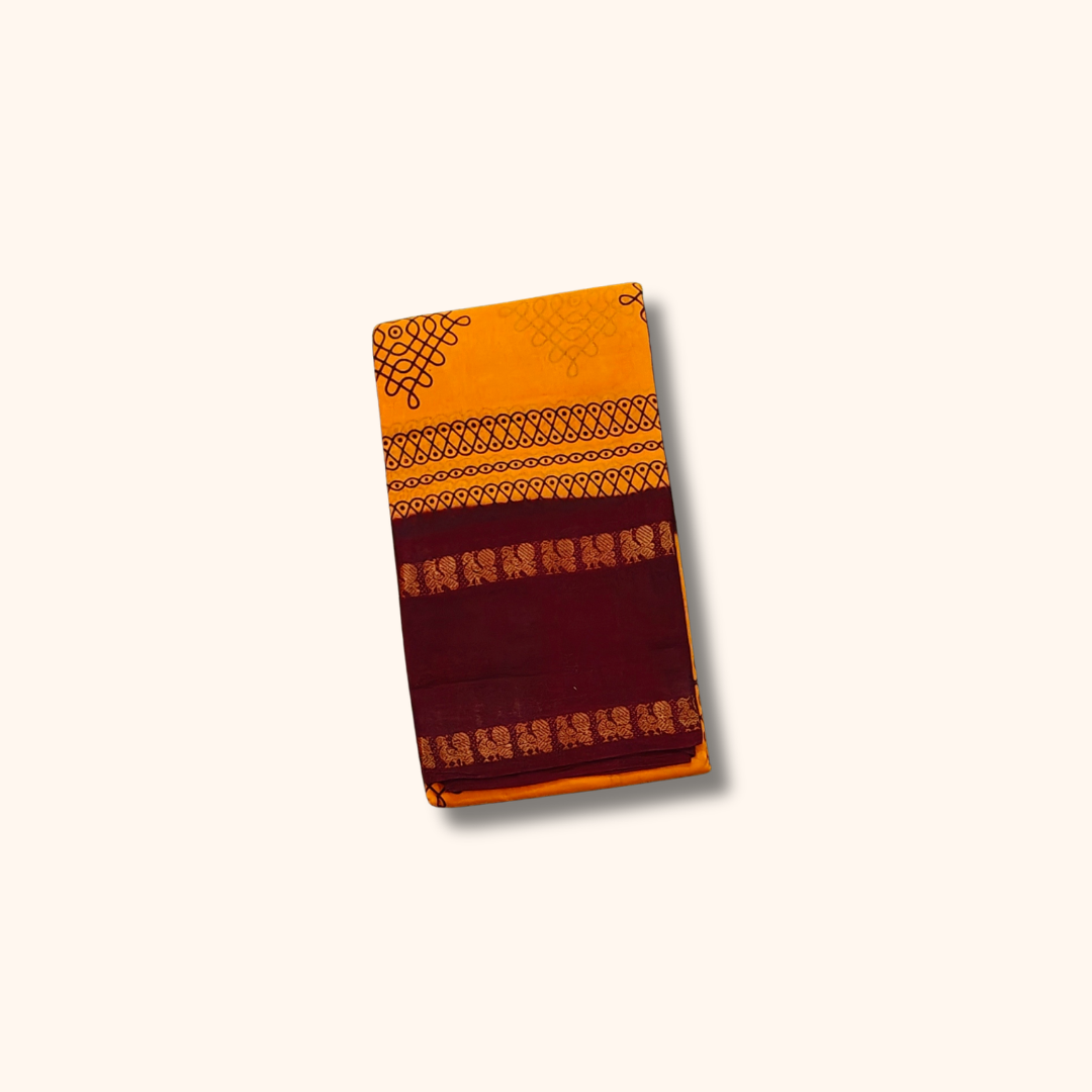 Mustard Yellow Sungudi Cotton Saree with Maroon Border & Gold Zari