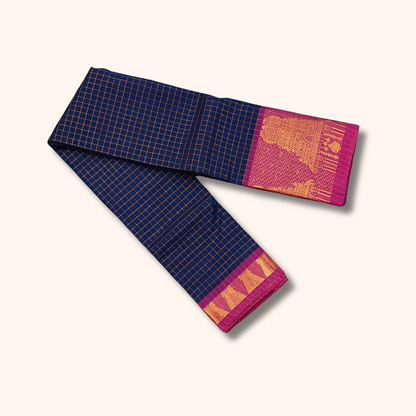 Navy Blue Chettinad Cotton Saree with Gopuram Border