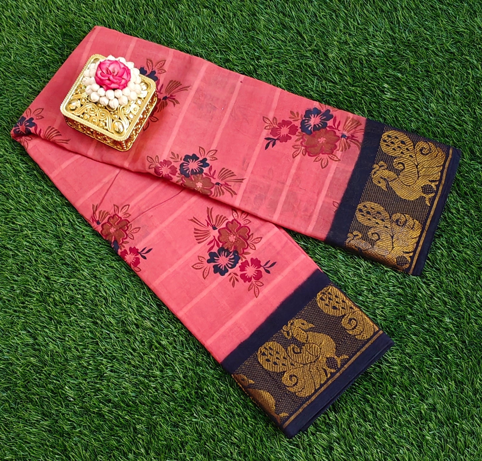 🌸 Elegant Pink Floral Cotton Saree with Rich Peacock Zari Border