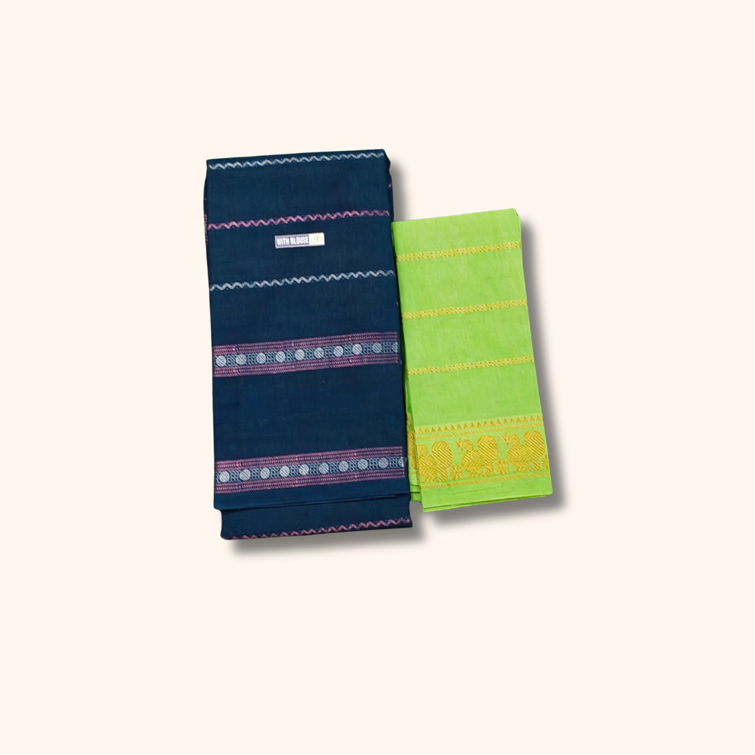Navy Blue Sungudi Cotton Saree with Parrot Green Blouse – Separate Blouse Piece