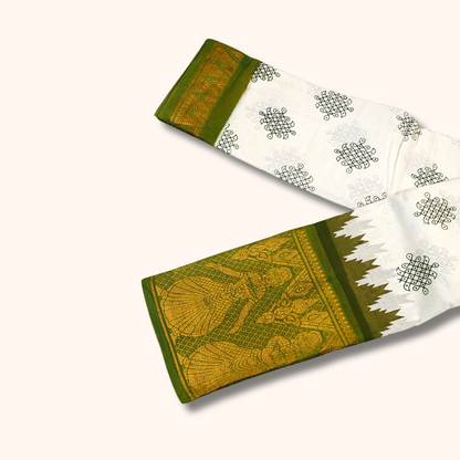 White & Green Dancing Girl Border Kolam Sungudi Cotton Saree