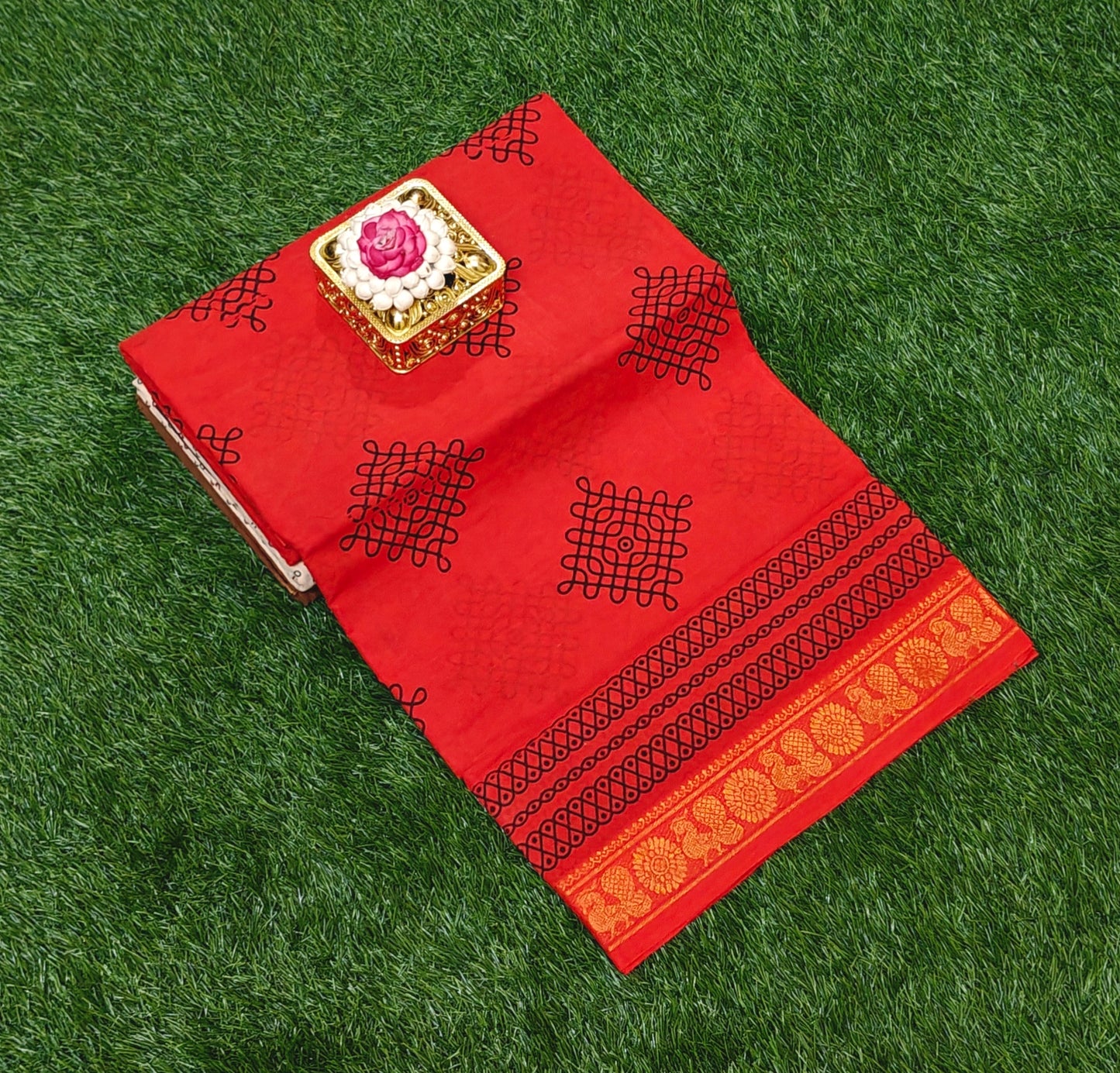 Red Sungudi Cotton Saree with Traditional Peacock Zari Border