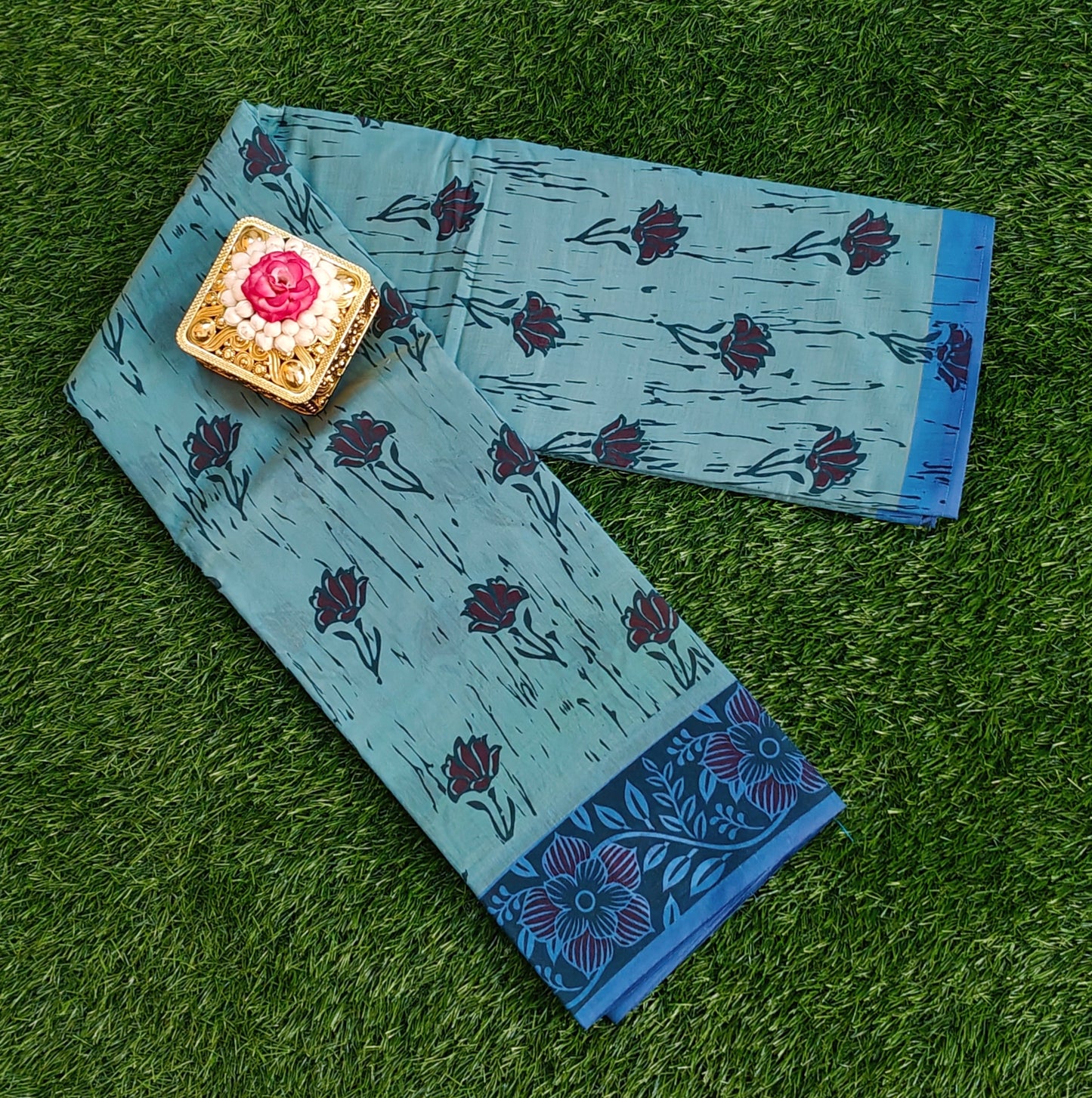 South Indian Pure Cotton Saree with Floral Block Print