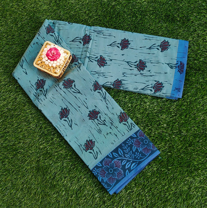South Indian Pure Cotton Saree with Floral Block Print