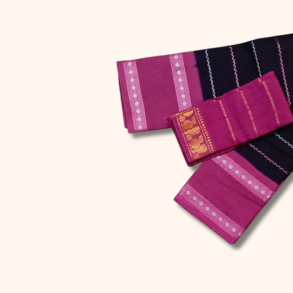 Black Sungudi Cotton Saree with Pink Border & Magenta Separate Blouse