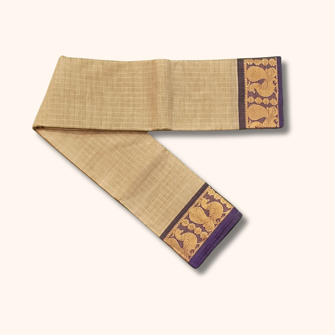 Beige Chettinad Cotton Saree with Purple Peacock Zari Border