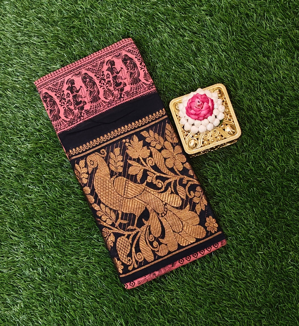 Brick Pink Sungudi Cotton Saree with Black & Gold Zari Border