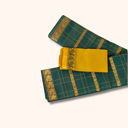 Bottle Green Checked Cotton Saree with Gold Zari & Mustard Yellow Blouse