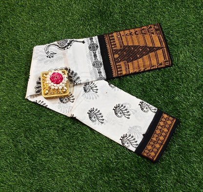 Attractive Off White Sungudi Cotton Saree with Black Motifs & Temple Zari Border