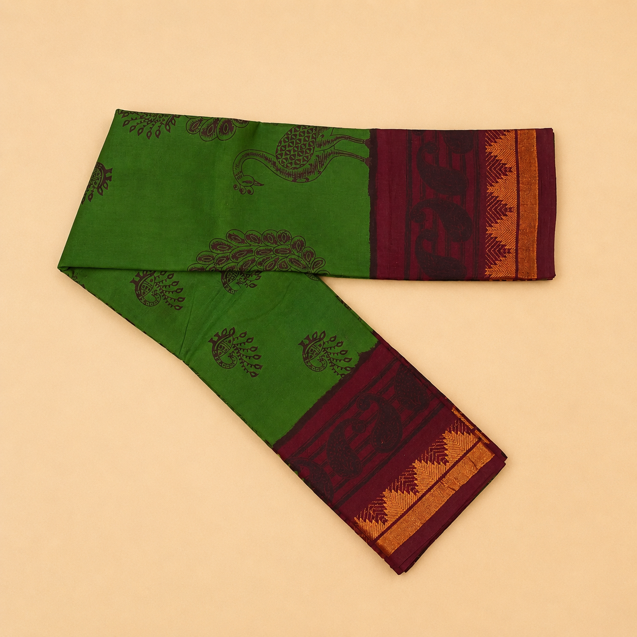 Leaf Green Sungudi Saree with Maroon Peacock Border