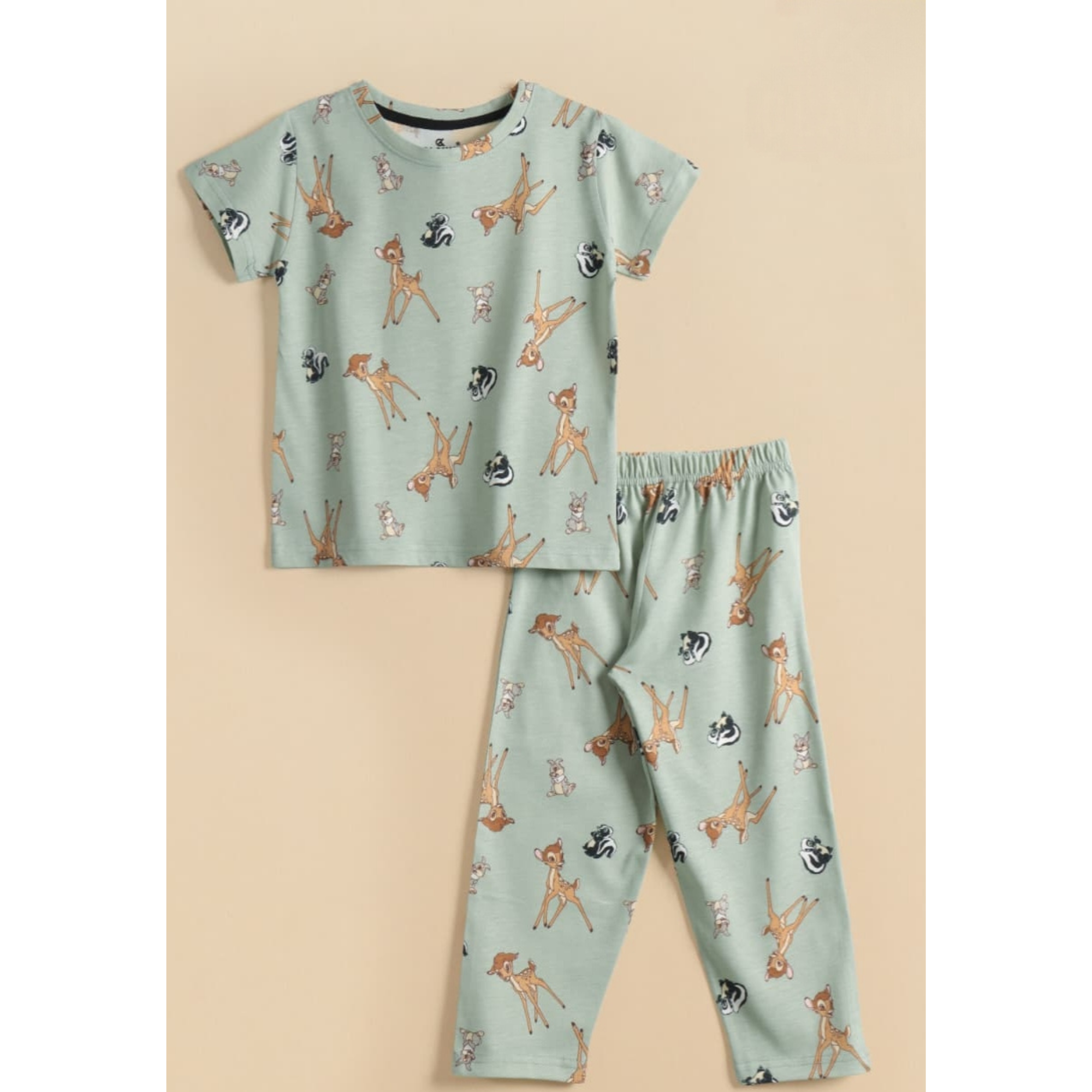 Kids Unisex Pure Cotton T-Shirt & Pant Set – Cute Deer Print Comfort Wear (Mint Green)