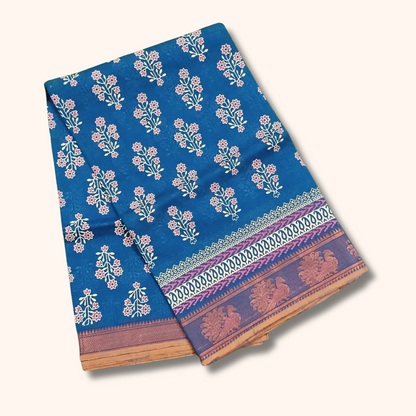 Indigo Blue Floral Cotton Saree with Traditional Border
