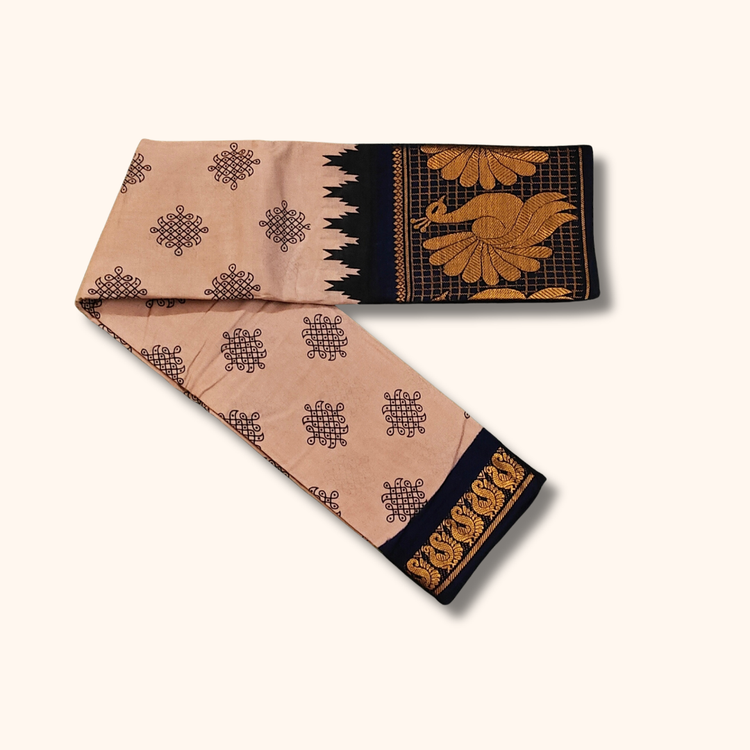 Rose Beige Sungudi Cotton Saree with Black Peacock Border