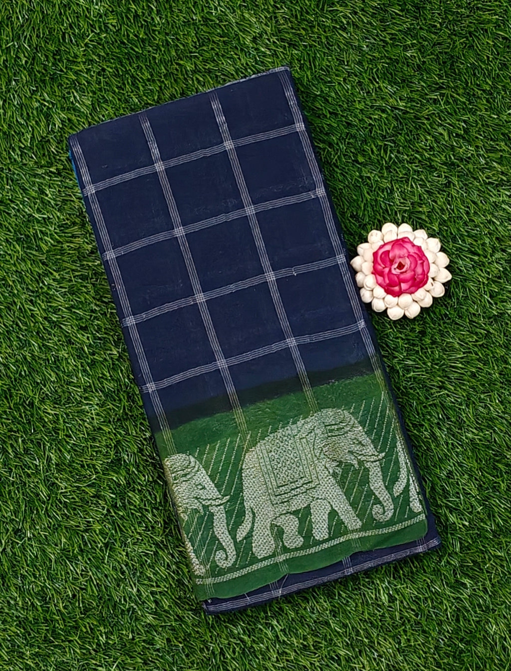 Beautiful Navy Blue Sungudi Cotton Saree with Checked Pattern & Elephant Border