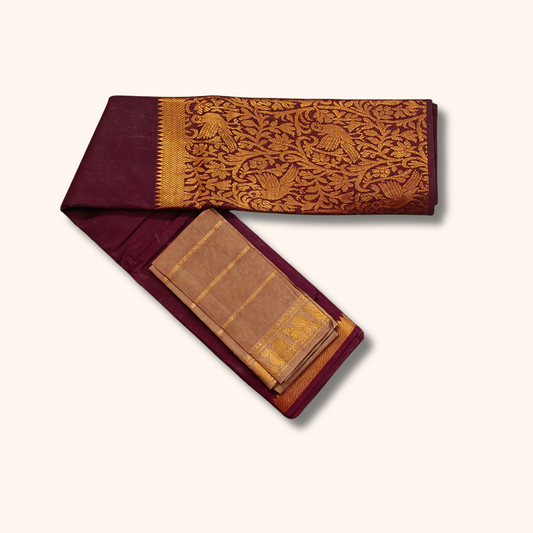 Maroon Vasigara Pattern Saree with Brown Blouse – Separate Blouse Piece