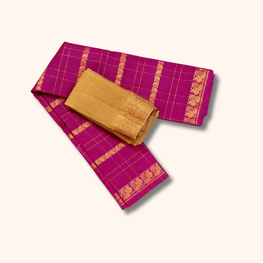 Rani Pink Cotton Saree with Gold Zari Checks & Traditional Peacock Border – Separate Blouse