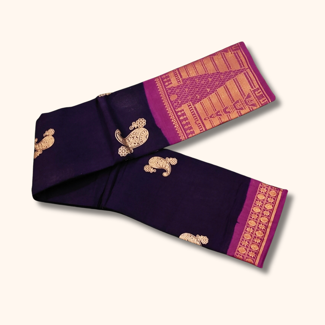 Navy Blue Paisley Sungudi Cotton Saree with Magenta Temple Border
