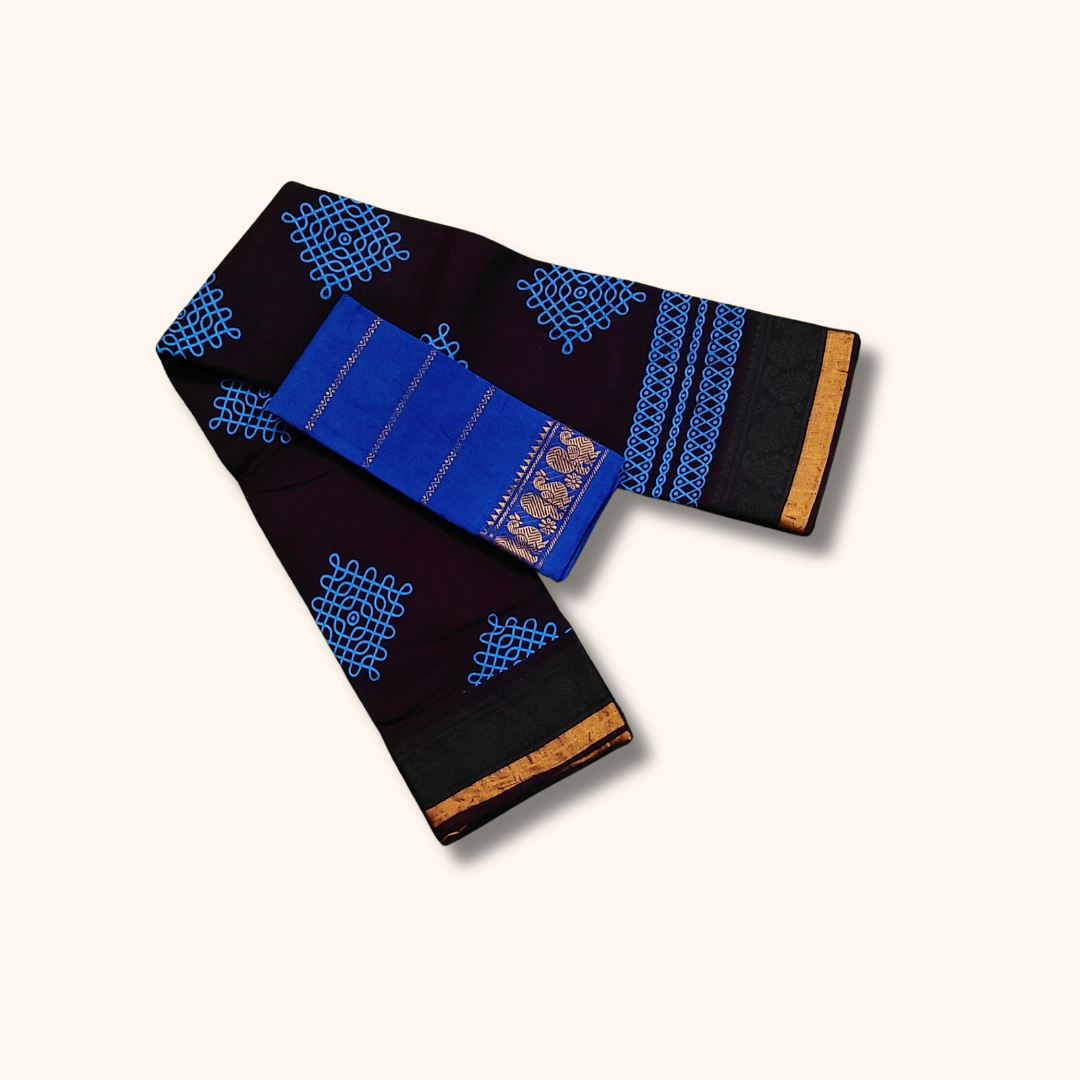 Dark Coffee Brown Pure Sungudi Cotton Saree with Blue Kolam Motifs & Gold Zari Border – Separate Blouse Piece
