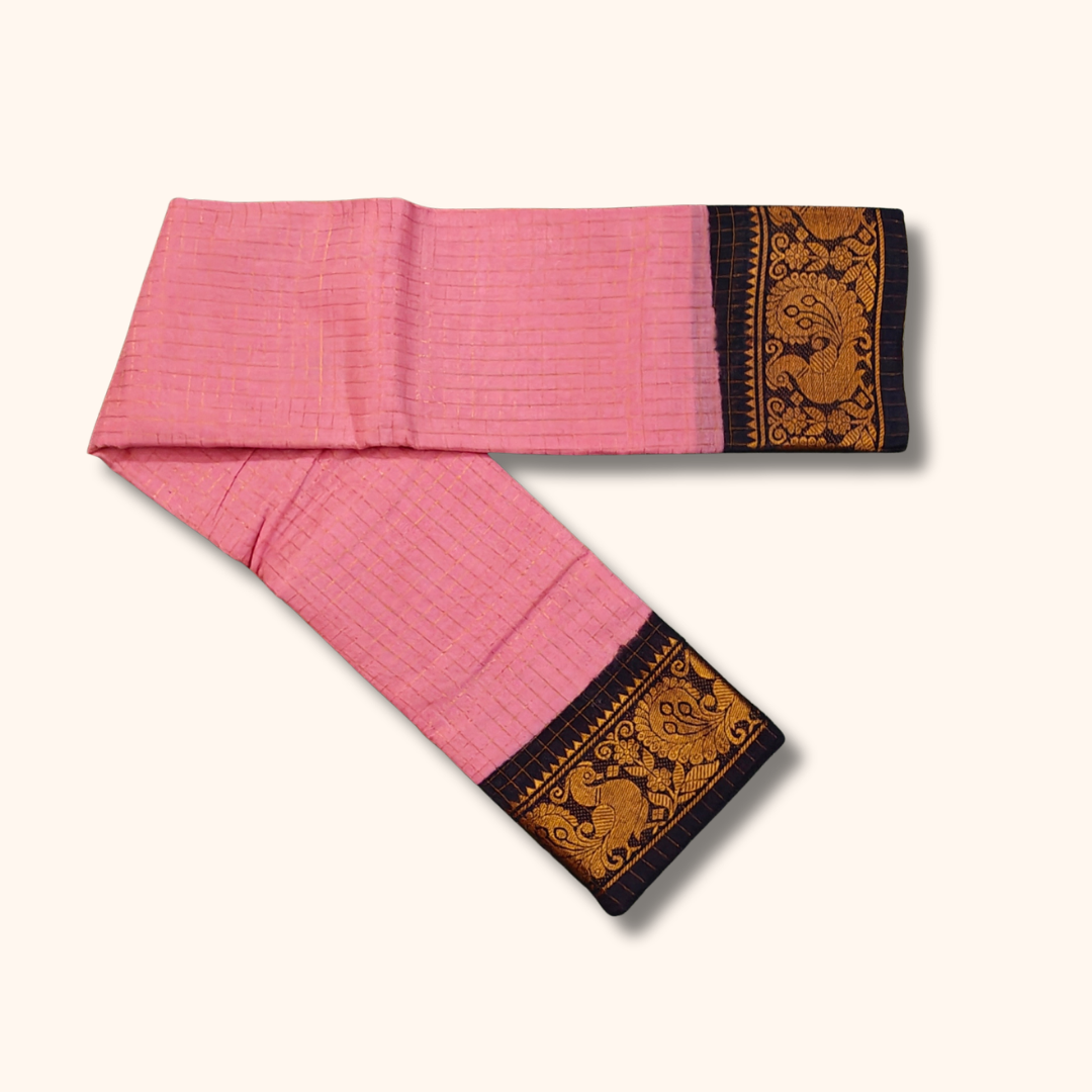 Baby Pink Thread Work Sungudi Cotton Saree with Black Peacock Zari Border