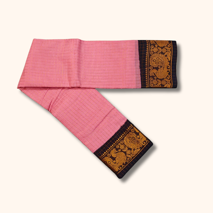 Baby Pink Thread Work Sungudi Cotton Saree with Black Peacock Zari Border