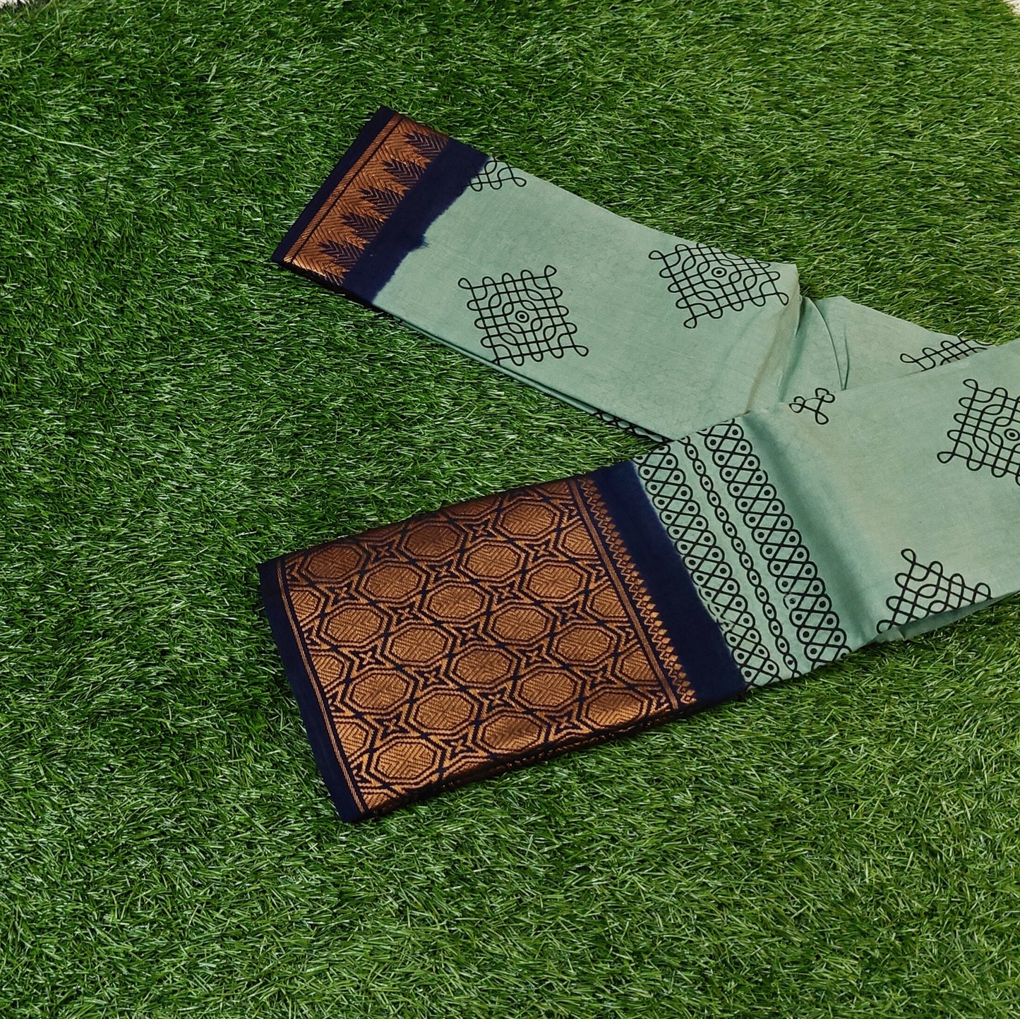 Authentic Kolam Sage Green Printed Cotton Saree with Navy Blue Floral Border